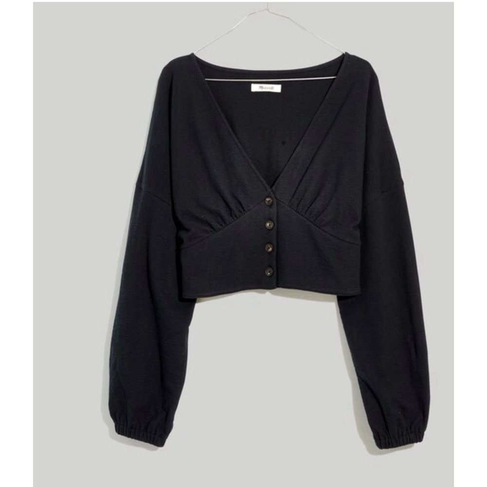 Madewell Blouse Women's Small Black Cropped Deep V‎ Button Up Cotton Top
